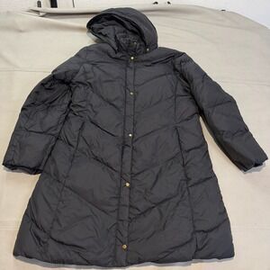 Lands End Womens Black Goose Down Puffer Coat Hood Zip Snap Front Parka LongXXXX